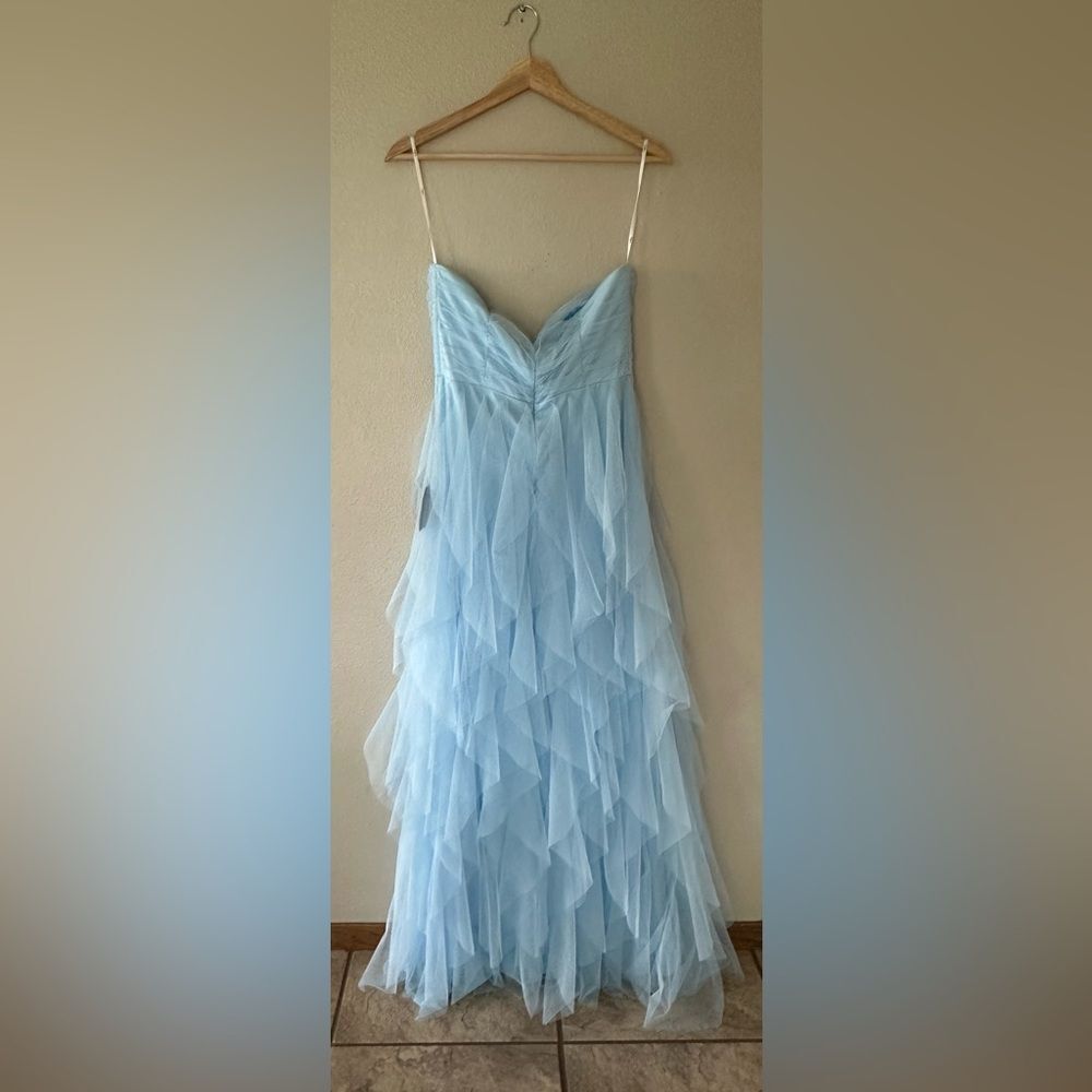 NWT Lulus Delightful Beauty Blue Mesh Strapless Ruched Ruffled Maxi Dress Size L - Picture 9 of 12